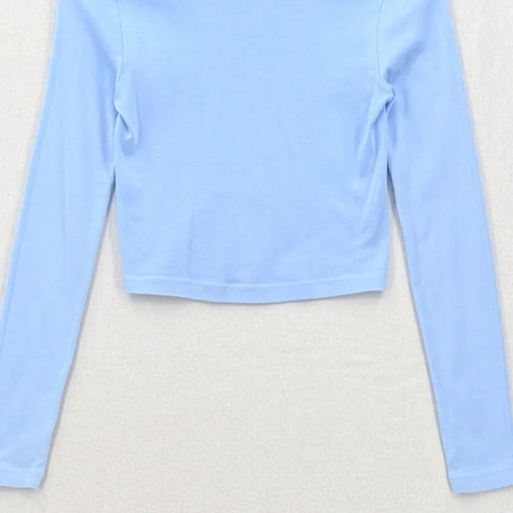 ENZA COSTA Supima Baby Rib Long Sleeve Cropped Top Womens Small Blue Crew Tee - Picture 7 of 12